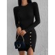 Kadın Siyah Uzun Kollu Bisiklet Yaka Yan Yırtmaç Düğme Detay Kısa Kaşkorse Elbise, 30996