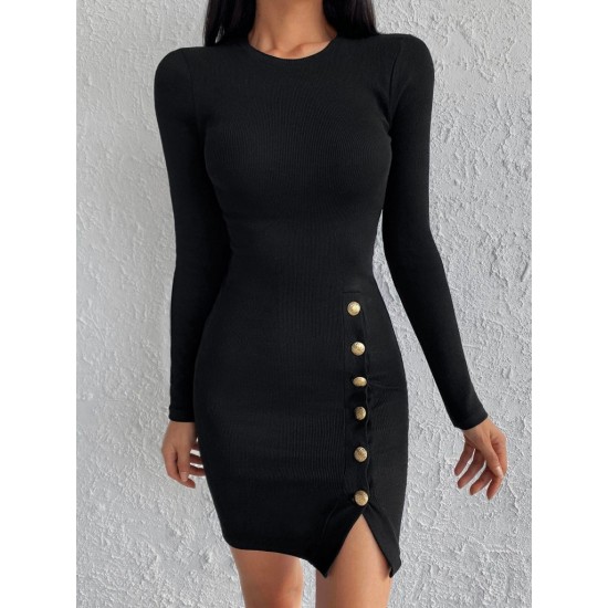 Kadın Siyah Uzun Kollu Bisiklet Yaka Yan Yırtmaç Düğme Detay Kısa Kaşkorse Elbise, 30996