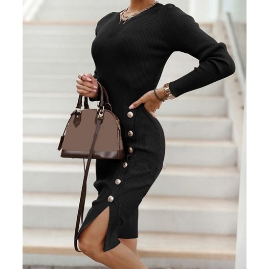 Kadın Siyah Uzun Kollu Bisiklet Yaka Yan Yırtmaç Düğme Detay Kısa Kaşkorse Elbise, 30996