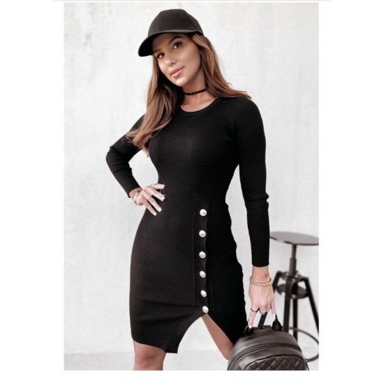 Kadın Siyah Uzun Kollu Bisiklet Yaka Yan Yırtmaç Düğme Detay Kısa Kaşkorse Elbise, 30996