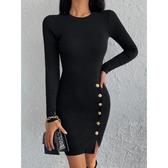 Kadın Siyah Uzun Kollu Bisiklet Yaka Yan Yırtmaç Düğme Detay Kısa Kaşkorse Elbise, 30996