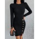 Kadın Siyah Uzun Kollu Bisiklet Yaka Yan Yırtmaç Düğme Detay Kısa Kaşkorse Elbise, 30996