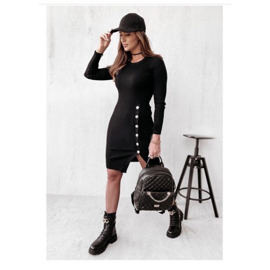 Kadın Siyah Uzun Kollu Bisiklet Yaka Yan Yırtmaç Düğme Detay Kısa Kaşkorse Elbise, 30996