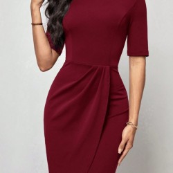 Kadın Kısa Kollu Bisiklet Yaka önden Büzgülü Mini Ithal Krep Elbise, 31005
