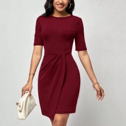 Kadın Kısa Kollu Bisiklet Yaka önden Büzgülü Mini Ithal Krep Elbise, 31005