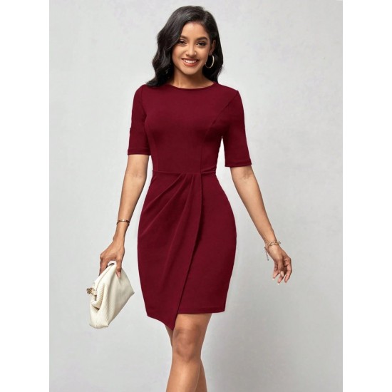 Kadın Kısa Kollu Bisiklet Yaka önden Büzgülü Mini Ithal Krep Elbise, 31005