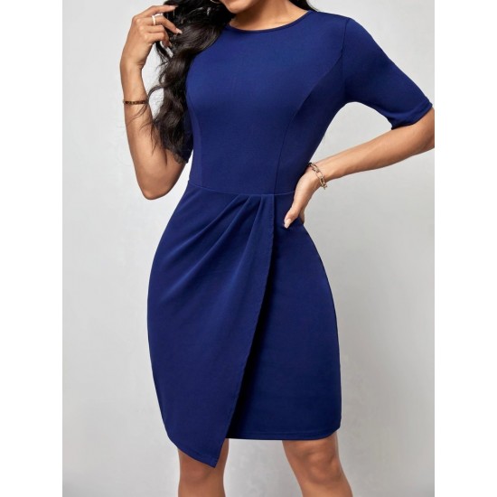 Kadın Kısa Kollu Bisiklet Yaka önden Büzgülü Mini Ithal Krep Elbise, 31004