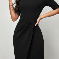 Kadın Kısa Kollu Bisiklet Yaka önden Büzgülü Mini Ithal Krep Elbise , 31003