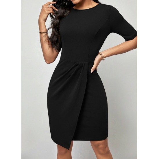 Kadın Kısa Kollu Bisiklet Yaka önden Büzgülü Mini Ithal Krep Elbise , 31003