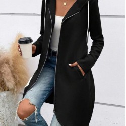 Kadın Uzun Kollu Kapşonlu önden Fermuarlı Midi Dalgıç Ceket, 31001