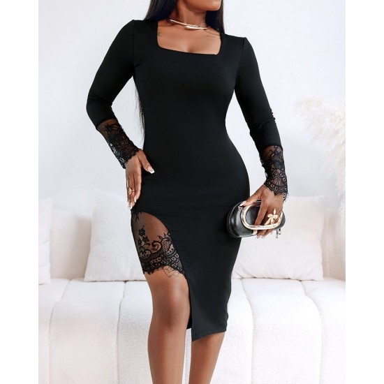 Kadın Uzun Kollu Geometrik Yakalı Dantel Detaylı Midi Ithal Krep Elbise , 31000