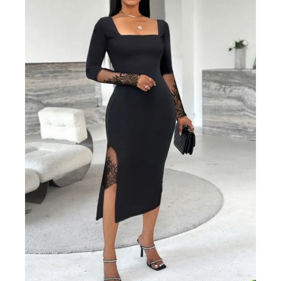 Kadın Uzun Kollu Geometrik Yakalı Dantel Detaylı Midi Ithal Krep Elbise , 31000