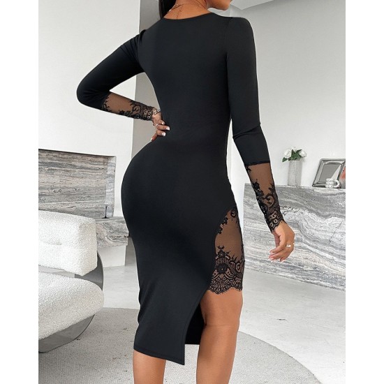 Kadın Uzun Kollu Geometrik Yakalı Dantel Detaylı Midi Ithal Krep Elbise , 31000