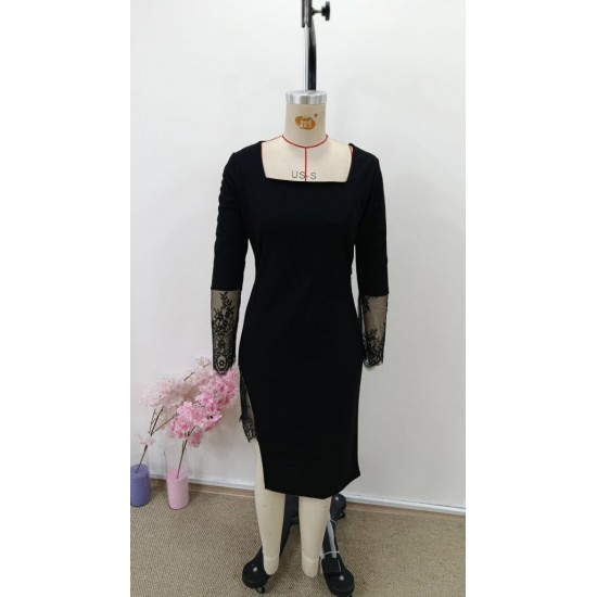 Kadın Uzun Kollu Geometrik Yakalı Dantel Detaylı Midi Ithal Krep Elbise , 31000