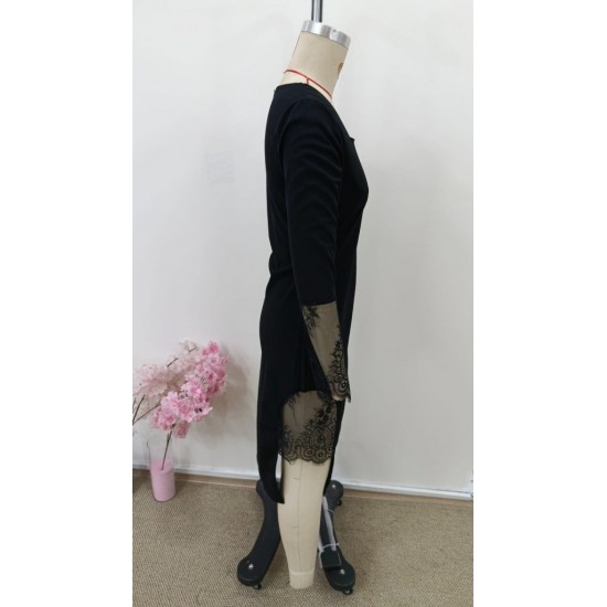 Kadın Uzun Kollu Geometrik Yakalı Dantel Detaylı Midi Ithal Krep Elbise , 31000