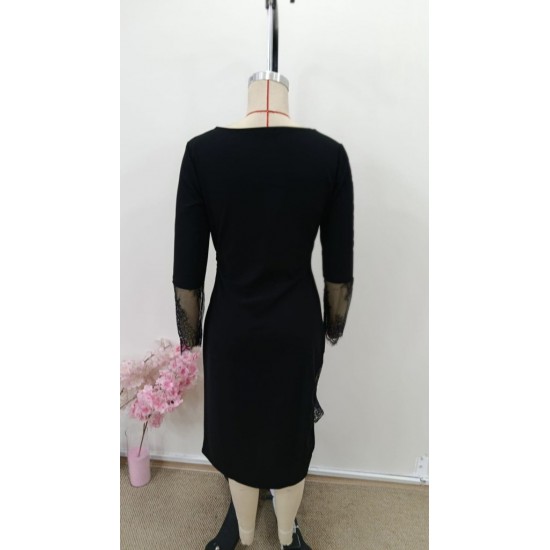 Kadın Uzun Kollu Geometrik Yakalı Dantel Detaylı Midi Ithal Krep Elbise , 31000