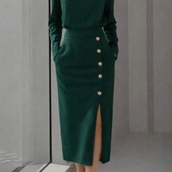 Kadın Uzun Kollu Bisiklet Yakalı Yandan Yırtmaçlı Düğmeli Midi Ithal Krep Elbise , 31013