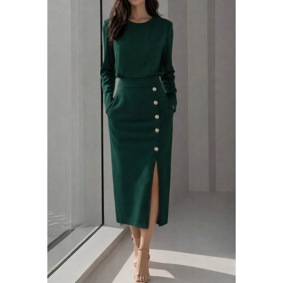 Kadın Uzun Kollu Bisiklet Yakalı Yandan Yırtmaçlı Düğmeli Midi Ithal Krep Elbise , 31013