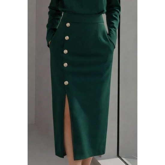 Kadın Uzun Kollu Bisiklet Yakalı Yandan Yırtmaçlı Düğmeli Midi Ithal Krep Elbise , 31013