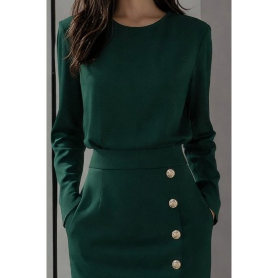 Kadın Uzun Kollu Bisiklet Yakalı Yandan Yırtmaçlı Düğmeli Midi Ithal Krep Elbise , 31013