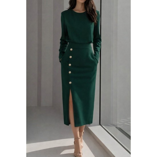 Kadın Uzun Kollu Bisiklet Yakalı Yandan Yırtmaçlı Düğmeli Midi Ithal Krep Elbise , 31013