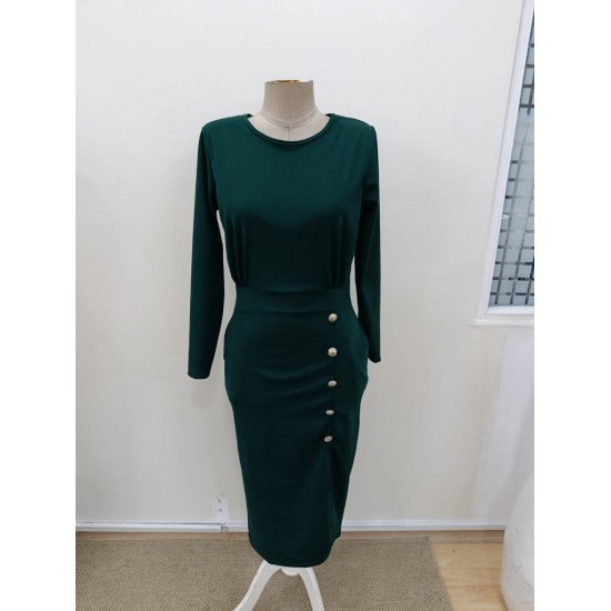 Kadın Uzun Kollu Bisiklet Yakalı Yandan Yırtmaçlı Düğmeli Midi Ithal Krep Elbise , 31013