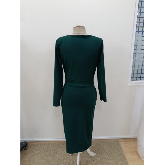 Kadın Uzun Kollu Bisiklet Yakalı Yandan Yırtmaçlı Düğmeli Midi Ithal Krep Elbise , 31013