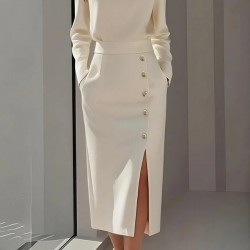 Kadın Uzun Kollu Bisiklet Yakalı Yandan Yırtmaçlı Düğmeli Midi Ithal Krep Elbise , 31010