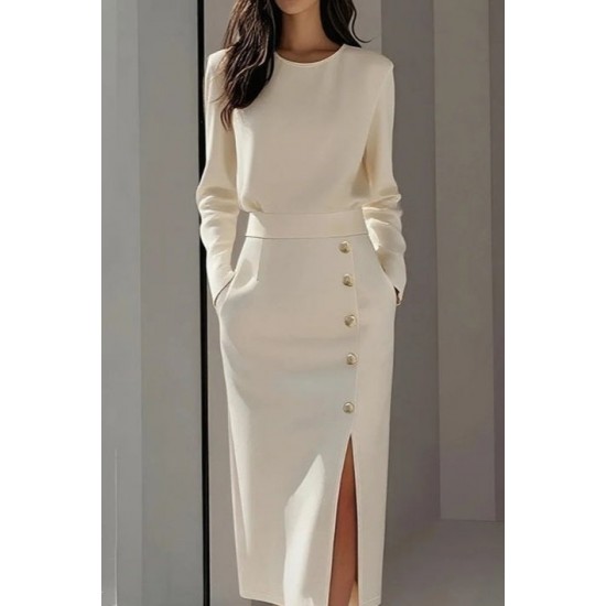 Kadın Uzun Kollu Bisiklet Yakalı Yandan Yırtmaçlı Düğmeli Midi Ithal Krep Elbise , 31010