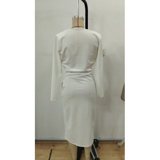 Kadın Uzun Kollu Bisiklet Yakalı Yandan Yırtmaçlı Düğmeli Midi Ithal Krep Elbise , 31010