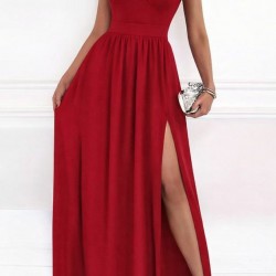 Kadın Omuzlardan Açık Asimetrik Yaka Detaylı Yırtmaçlı Maksi Boy Janjan Krep Elbise, 31009