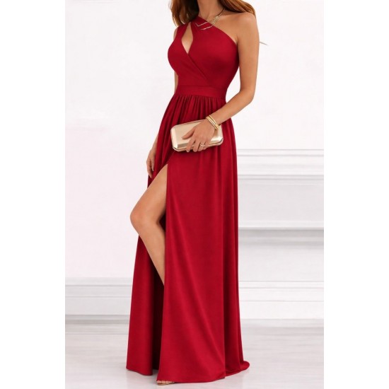 Kadın Omuzlardan Açık Asimetrik Yaka Detaylı Yırtmaçlı Maksi Boy Janjan Krep Elbise, 31009