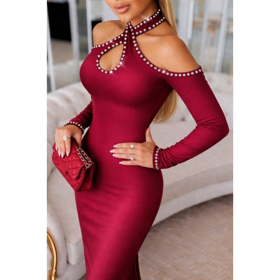 Kadın Omuzlardan Açık Boyundan Geçmeli Damla Detaylı Taşlı Midi Dalgıç Elbise, 31019