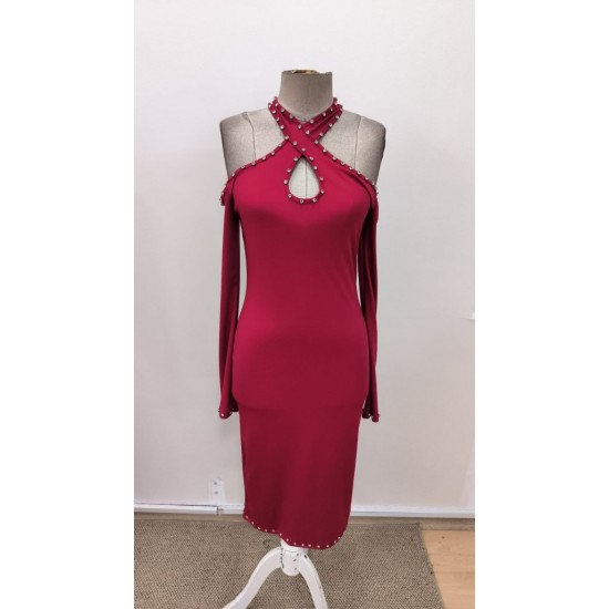 Kadın Omuzlardan Açık Boyundan Geçmeli Damla Detaylı Taşlı Midi Dalgıç Elbise, 31019