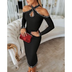 Kadın Omuzlardan Açık Boyundan Geçmeli Damla Detaylı Taşlı Midi Dalgıç Elbise, 31018