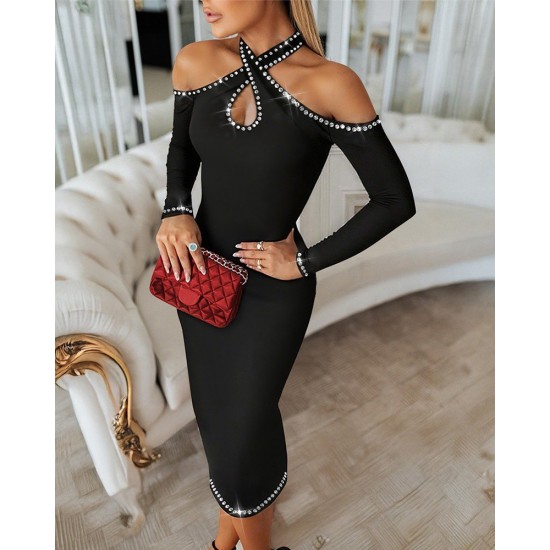 Kadın Omuzlardan Açık Boyundan Geçmeli Damla Detaylı Taşlı Midi Dalgıç Elbise, 31018