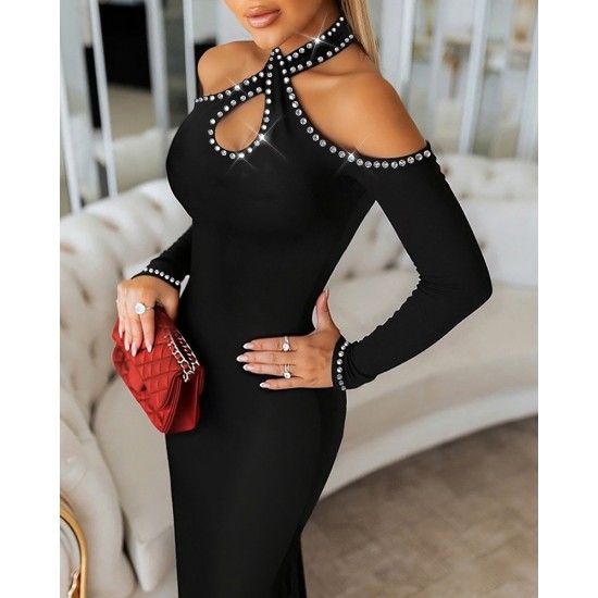 Kadın Omuzlardan Açık Boyundan Geçmeli Damla Detaylı Taşlı Midi Dalgıç Elbise, 31018