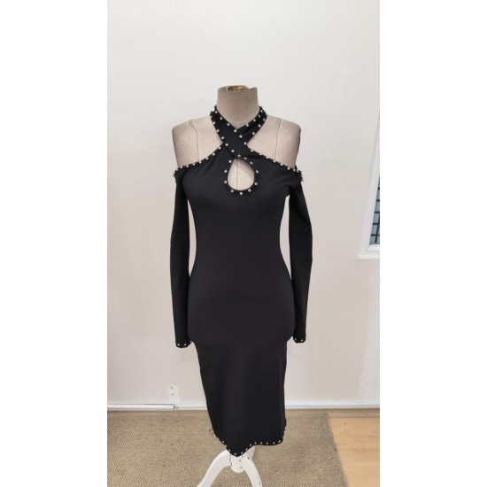 Kadın Omuzlardan Açık Boyundan Geçmeli Damla Detaylı Taşlı Midi Dalgıç Elbise, 31018