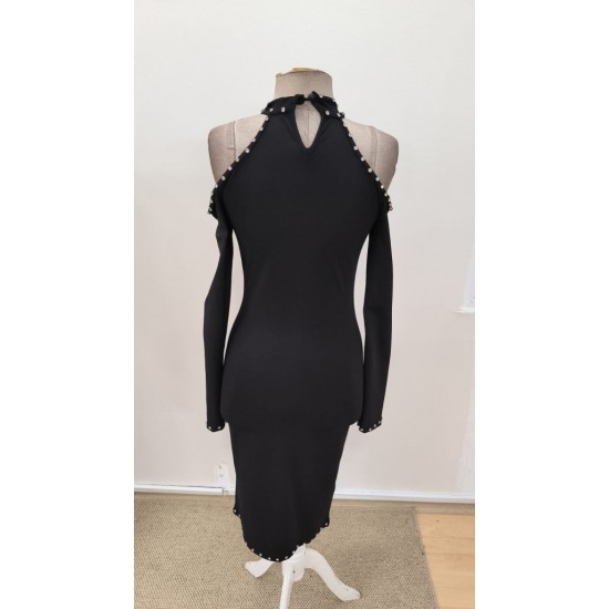 Kadın Omuzlardan Açık Boyundan Geçmeli Damla Detaylı Taşlı Midi Dalgıç Elbise, 31018