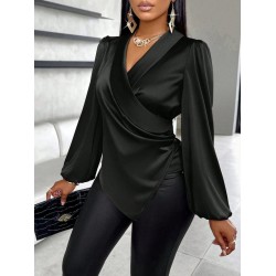 Kadın Uzun Kollu Kruvaze Yakalı Asimetrik Saten Bluz, 31017