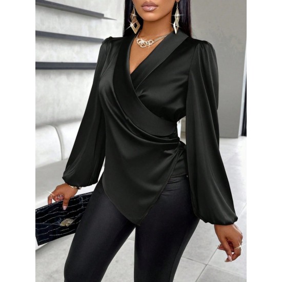 Kadın Uzun Kollu Kruvaze Yakalı Asimetrik Saten Bluz, 31017