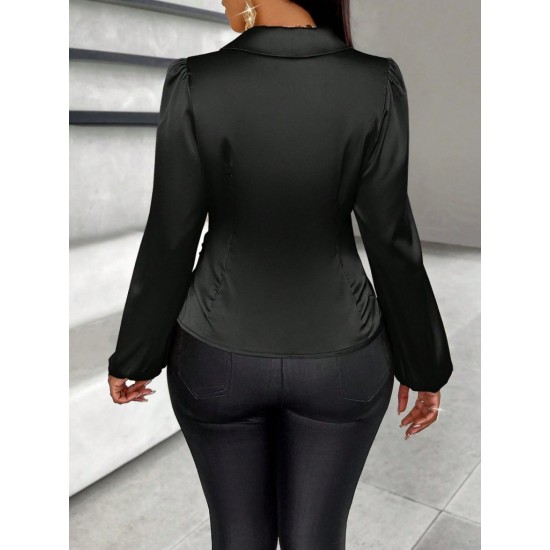 Kadın Uzun Kollu Kruvaze Yakalı Asimetrik Saten Bluz, 31017