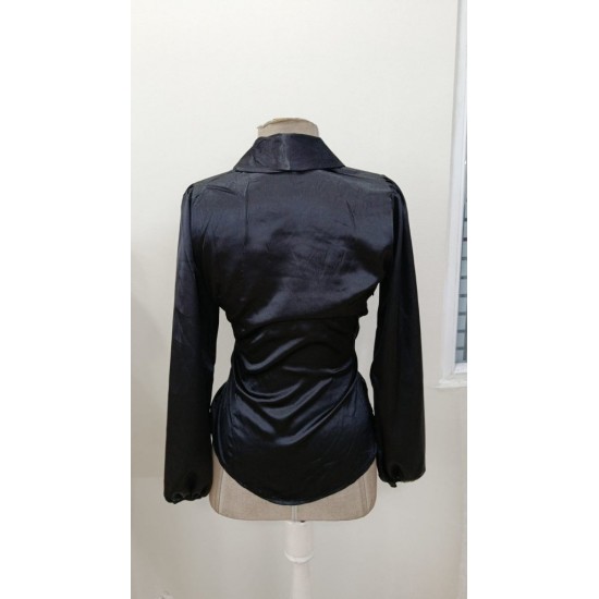 Kadın Uzun Kollu Kruvaze Yakalı Asimetrik Saten Bluz, 31017