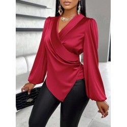 Kadın Uzun Kollu Kruvaze Yakalı Asimetrik Saten Bluz , 31016