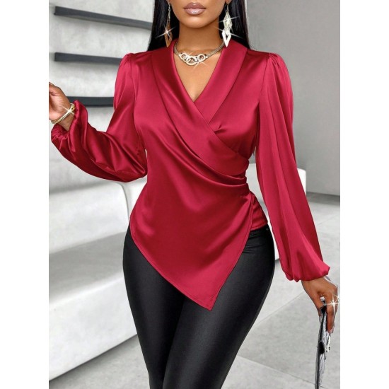 Kadın Uzun Kollu Kruvaze Yakalı Asimetrik Saten Bluz , 31016