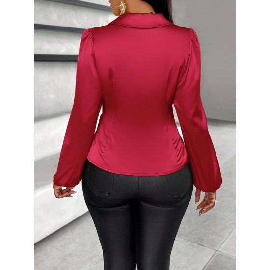 Kadın Uzun Kollu Kruvaze Yakalı Asimetrik Saten Bluz , 31016