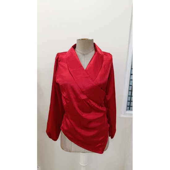 Kadın Uzun Kollu Kruvaze Yakalı Asimetrik Saten Bluz , 31016