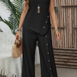 Kadın Askılı Yuvarlak Yakalı önü Asimetrik Detaylı Düğmeli Aerobin Bluz Ve Pantolon Ikili Takım , 31015