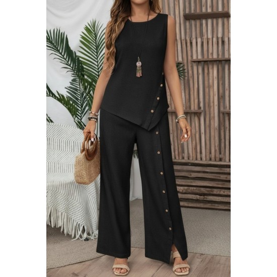 Kadın Askılı Yuvarlak Yakalı önü Asimetrik Detaylı Düğmeli Aerobin Bluz Ve Pantolon Ikili Takım , 31015