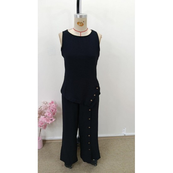 Kadın Askılı Yuvarlak Yakalı önü Asimetrik Detaylı Düğmeli Aerobin Bluz Ve Pantolon Ikili Takım , 31015